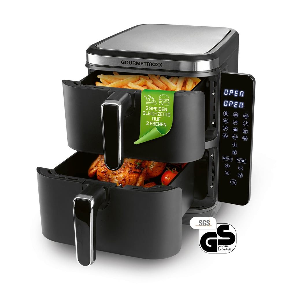 GOURMETmaxx Heißluftfritteuse FryUp Vertikaler Doppelkammer Airfryer 2x 5l, 2800 W, klappbares Touchdisplay, 32% platzsparender, Fassungsvermögen 10L