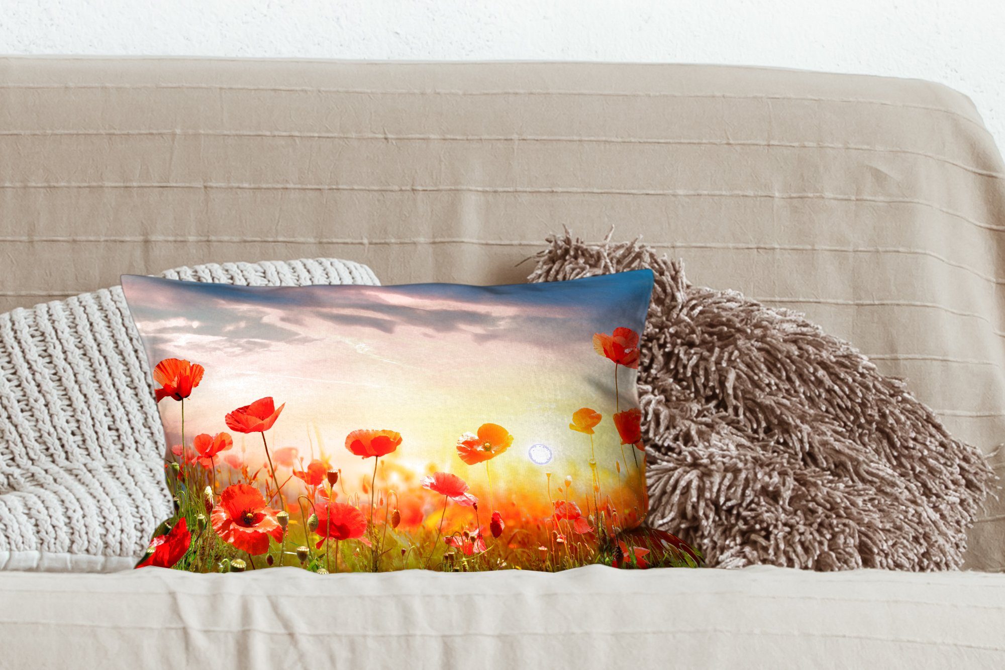 Frühling Dekoration, Schlafzimmer Zierkissen, Dekokissen - Mohnblumen mit - Füllung, MuchoWow Dekokissen Wohzimmer Farben,