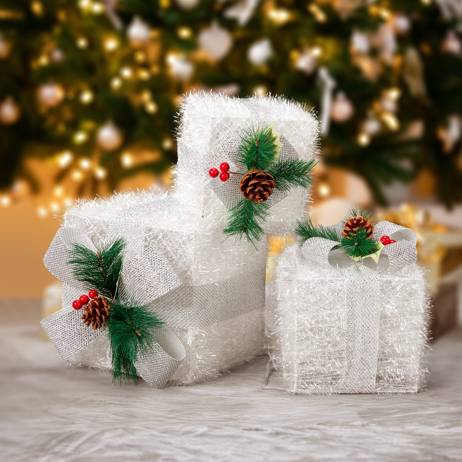 LALAHO LED Dekolicht LED Geschenkbox Weihnachtsdeko 3er Set, mit 48 Mehrfarbig LEDs Weihnachtsdeko beleuchtete 18.5/14/12 cm