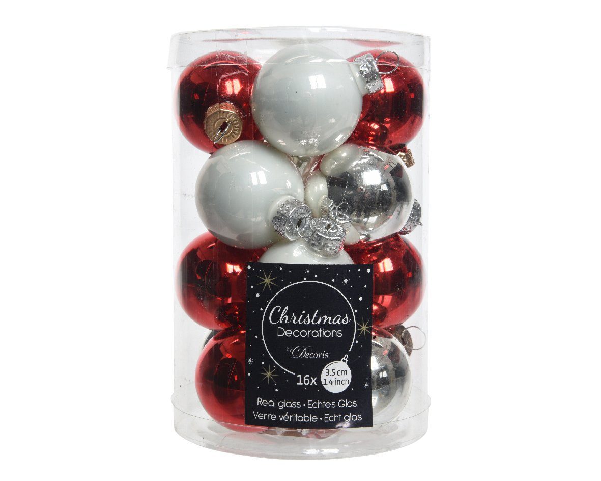Decoris season Rot - Weiß / Stück 3,5cm Silber / Weihnachtskugeln decorations Weihnachtsbaumkugel, 16 Kaemingk Glas Mix