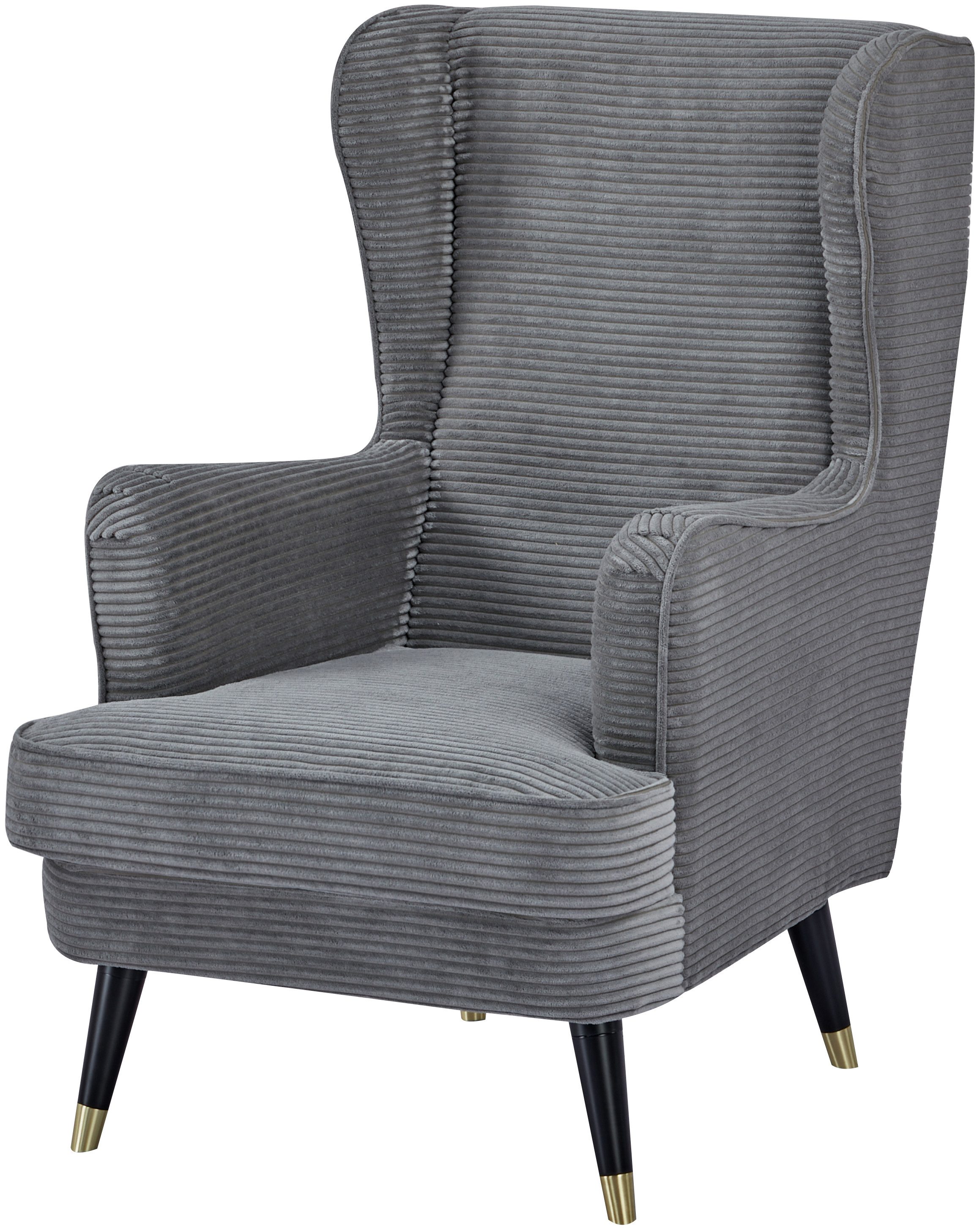 Home affaire Ohrensessel ZILLER, TV-Sessel, frei im Raum stellbar, in Cord und Samtvelours, Holzfüsse mit dekorativen Metallhülsen, Traumhafter Relaxsessel