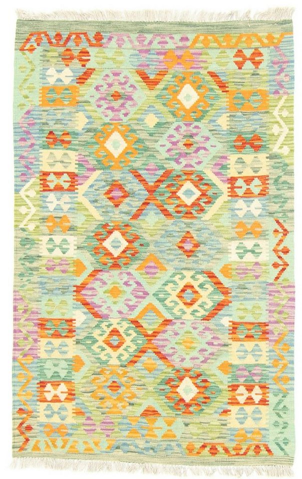 Wollteppich Kelim Afghan Teppich handgewebt grün, morgenland, rechteckig,  Höhe: 5 mm, Kurzflor