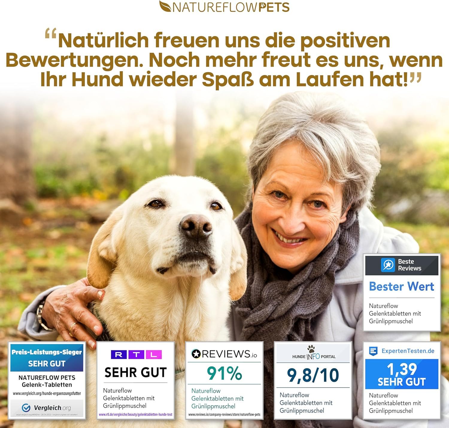 Natureflow Gelenktabletten für Hunde, 100 Stück, Grünlippmuschel, MSM & Glucosami, Ergänzungsfutter für: Hund, Hohe Akzeptanz, für Welpen bis Senioren, ergiebig bis zu 200 Tage, Ma…