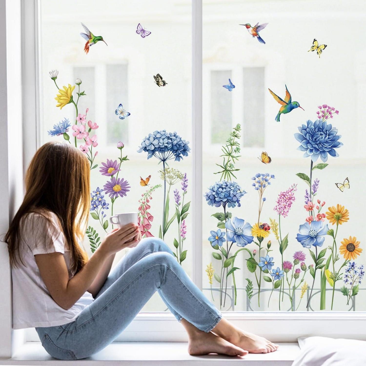 LuxusKollektion Fensterbild Fensterbilder Garten Blumen Kolibri Schmetterling