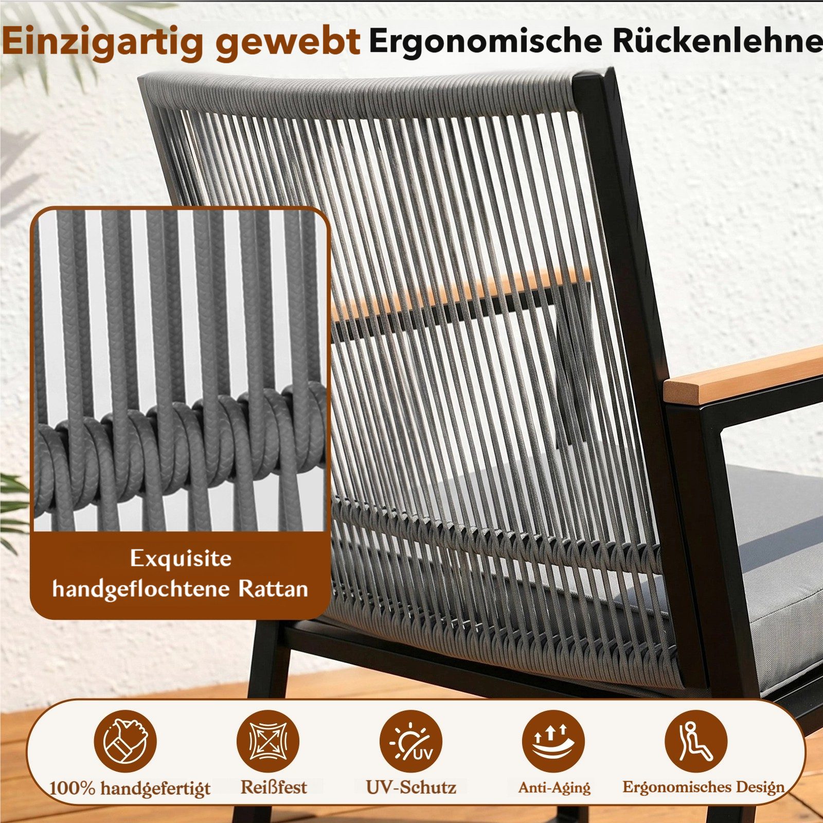 TLGREEN Gartenlounge-Set 3-teiliges Gartenmöbel-Set aus Eisen und Rattan – 2 Stühle + 1 Tisch, (3-tlg., 2 Gartenstuhl,1 Gartentisch, mit Kissen), für Terrasse,  – Bild 4 von 5