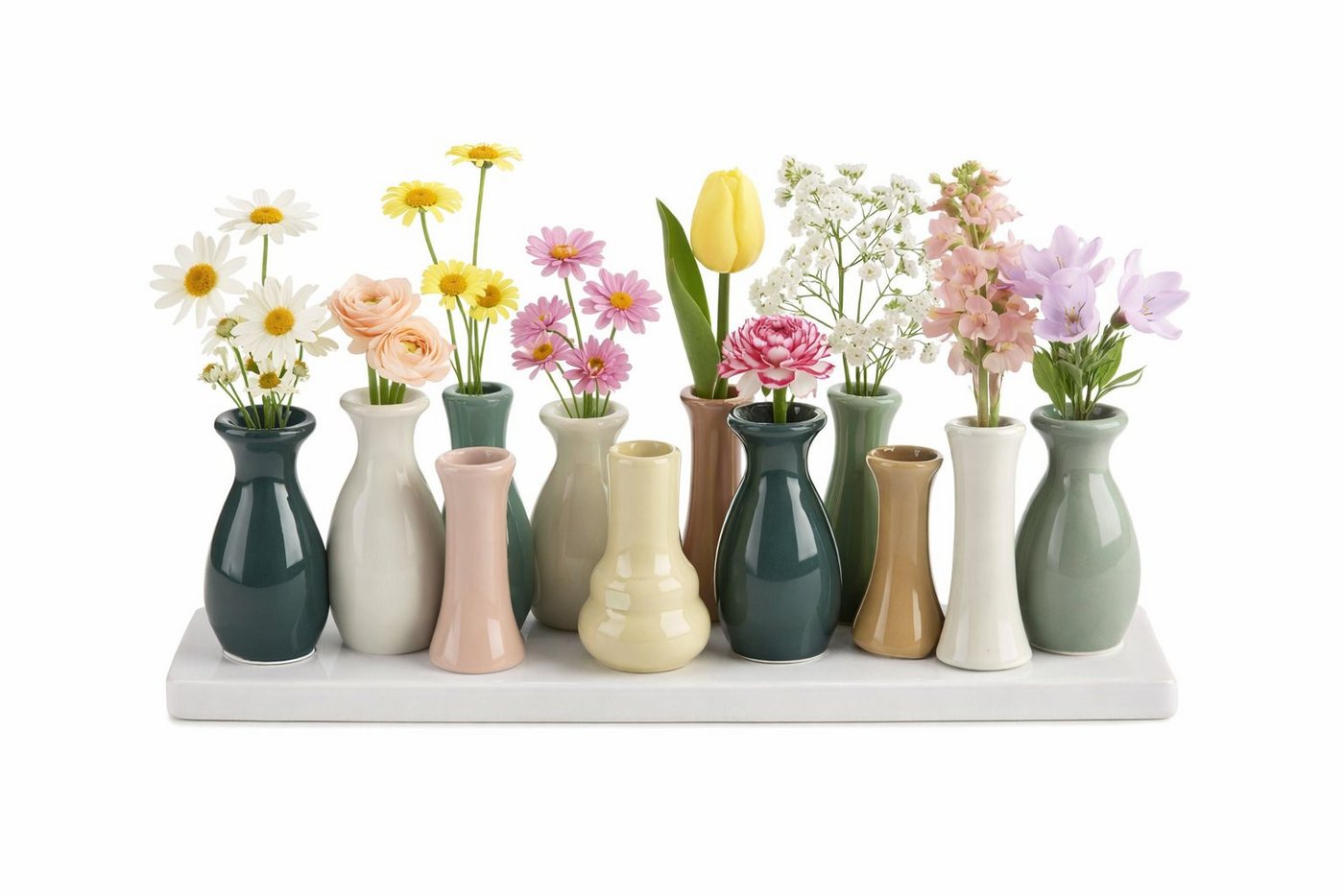 WestCraft Dekovase Handgefertigte kleine Keramik Deko Blumenvasen Set aus 10 Vasen bunt (1 St), & weiß, dekorative Keramikvasen auf festem Sockel, hübsche Mini Vase