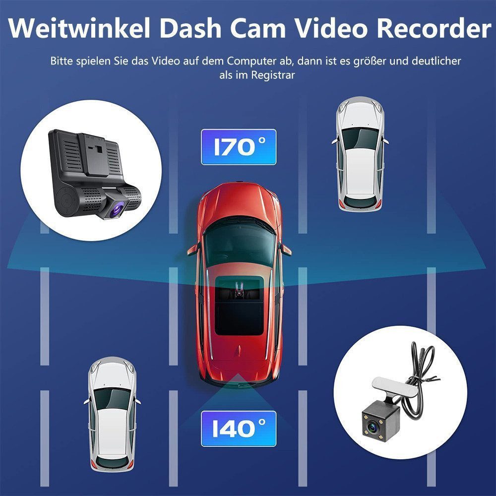 Hikity 4 Zoll 3-Wege-Auto-Kamera FullHD 1080P, 170° Weitwinkel Dashcam Dashcam (Abdichtung)