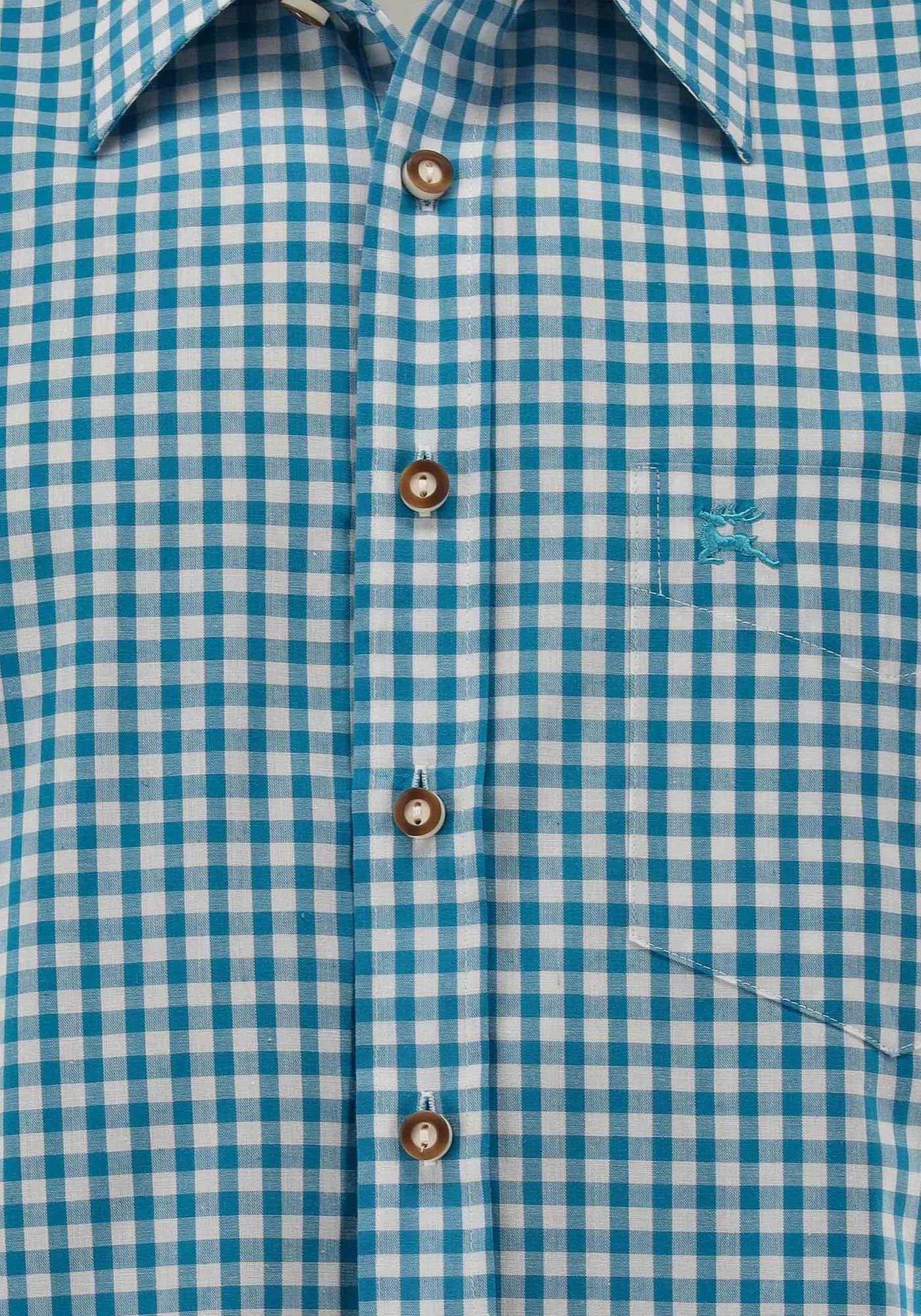 Zihul OS-Trachten Brusttasche Trachtenhemd mit Kurzarmhemd mit türkis aufgesetzter Hirsch-Stickerei