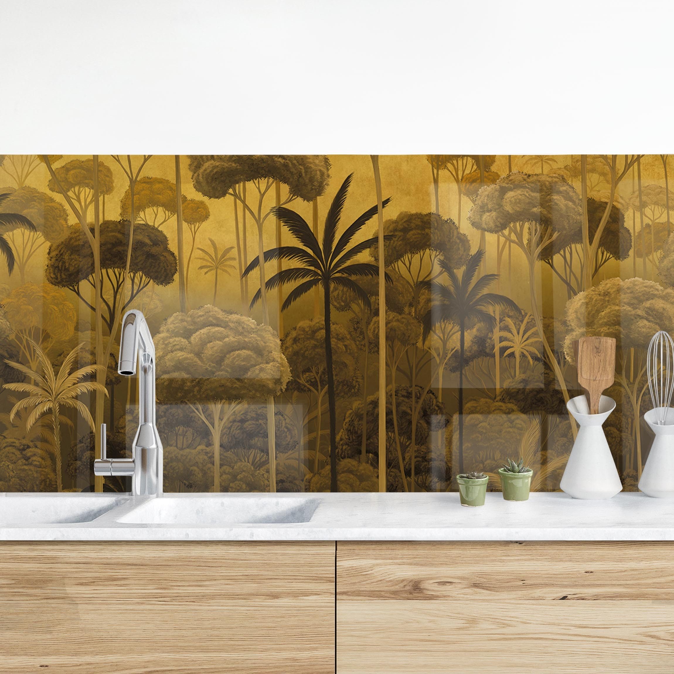 Bilderdepot24 Küchenrückwand selbstklebend gold Wald Tropisch, (1-tlg., Nischenrückwand - für Fliesenspiegel ohne Bohren - glänzend), Nischenrückwand fugenlos Wandpaneel Küche Herd
