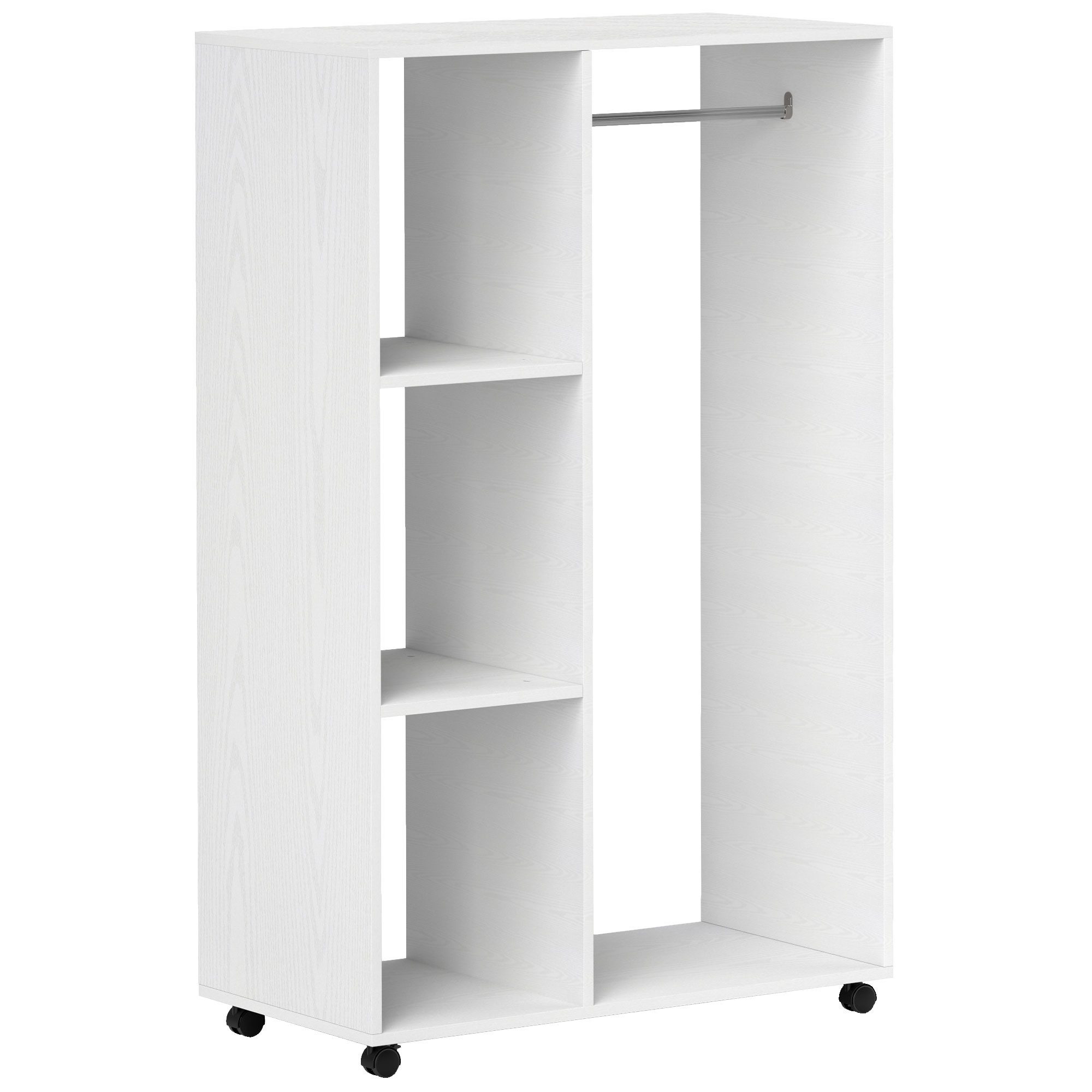 OKWISH Kleiderschrank Garderobenschränke 80x128x40 cm mit Rollen in Weiß (Packung, 1-St., Mobile Garderobe mit 1 Kleiderstange & 3 Regalen) Rollbarer Kleiderständer für Flur, Schlafzimmer & Waschküche