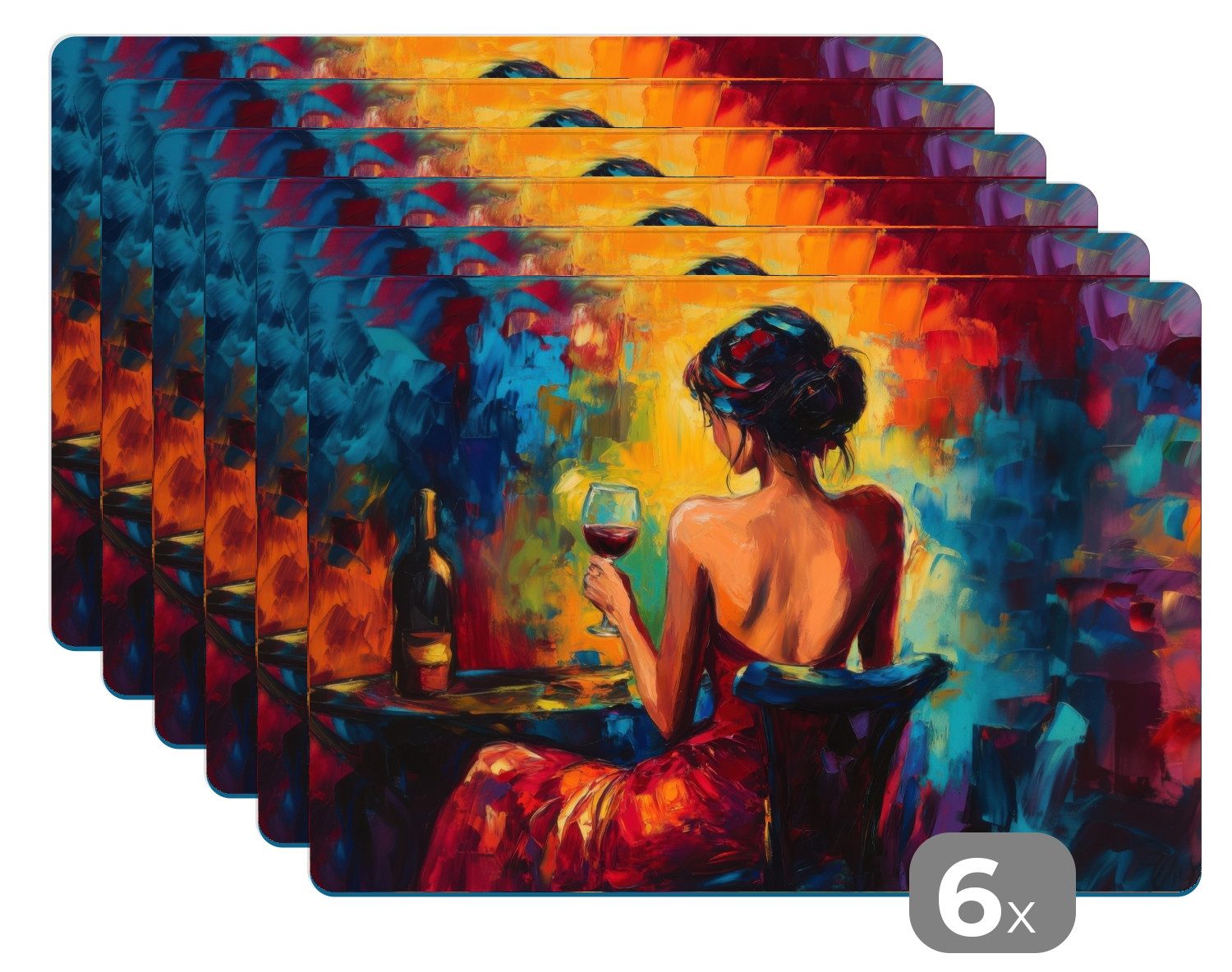 MuchoWow Platzset Wein - Frau - Stimmungsvoll - Farbenfroh, (6-St), Platzsets, Tischset, Abwaschbar, Tischsets, Platzdeckchen