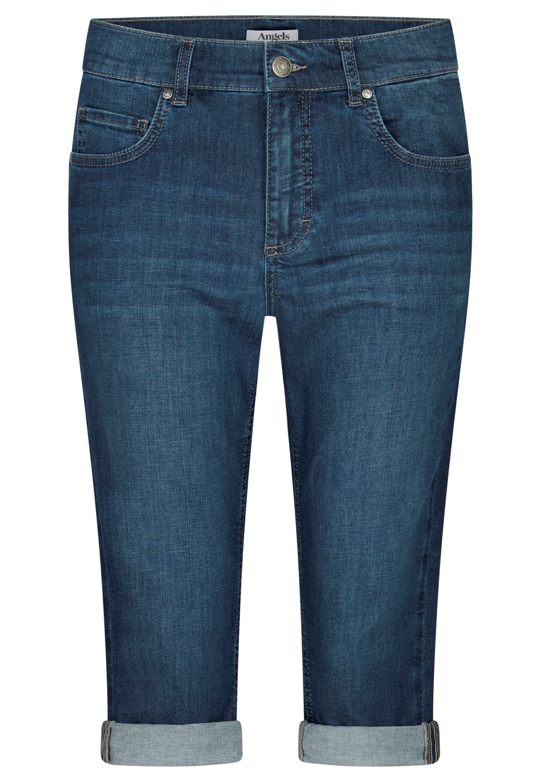 Capri Label-Applikationen blue mit TU ANGELS Jeans Used-Look mit 5-Pocket-Jeans