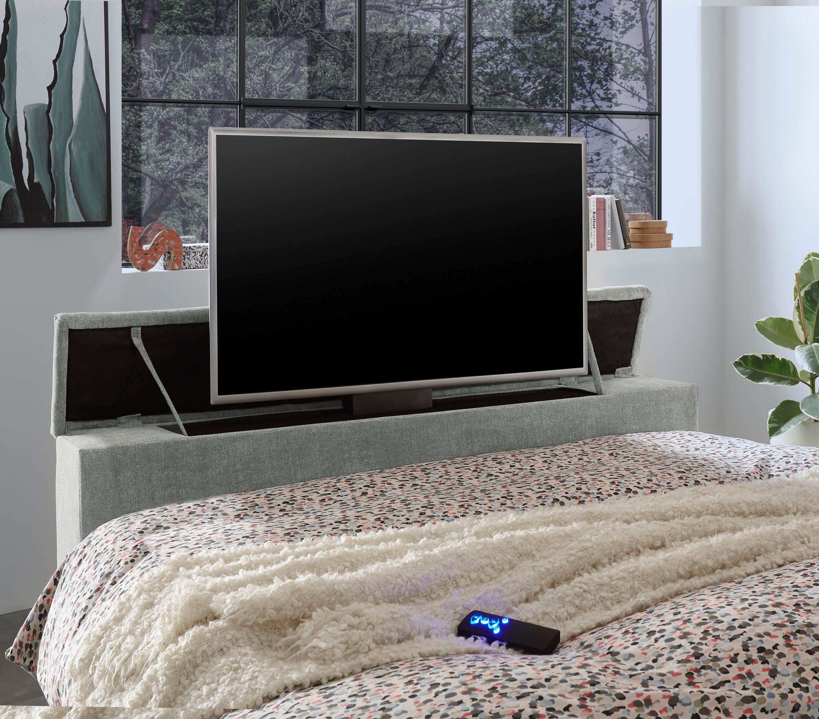 ED EXCITING DESIGN Boxspringbett Denver, inkl. 1 bzw. 2 Bettkästen, motorisierte TV-Halterung bis 40 Zoll