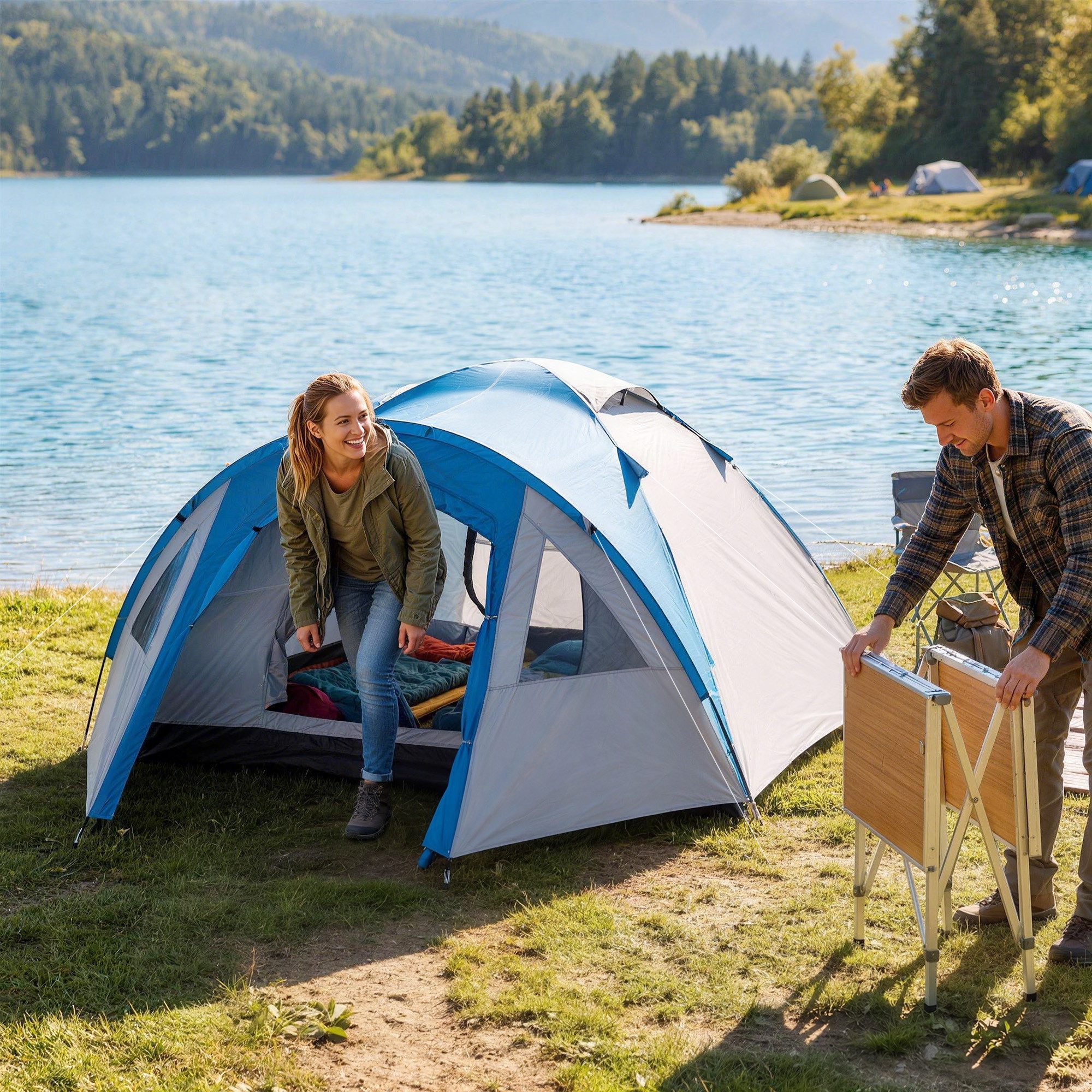 Outsunny Kuppelzelt Familienzelt mit Fenster, 1000mm Wassersäule für Reise Camping, Personen: 3 (Campingzelt, 1 tlg., Tunnelzelt), für Garten, Balkon, Blau+Grau