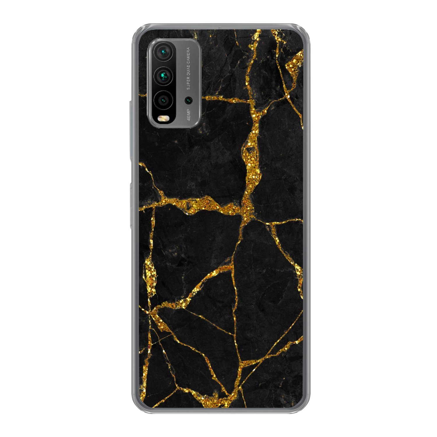 MuchoWow Handyhülle für Xiaomi Redmi 9T Marmor - Gold - Schwarz - Marmoroptik - Glitter, Phone Case, Silikon, Schutzhülle Dünn