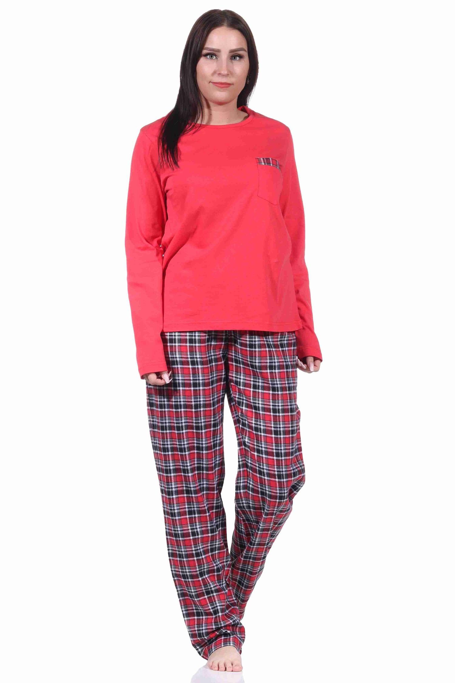 Normann Pyjama lang Jersey Flanell rot Damen Oberteil Schlafanzug mit und Flanell Hose