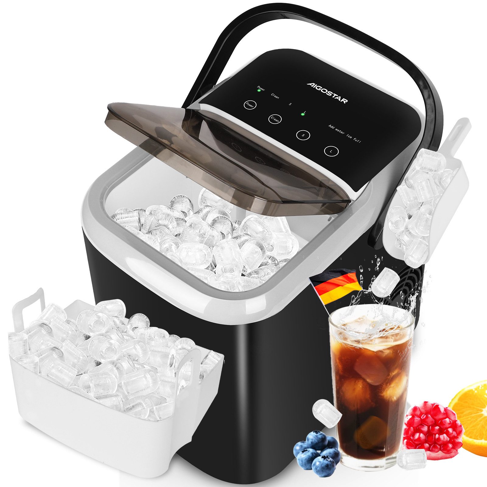 Aigostar Eiswürfelmaschine 1,5L, 130W Doppeldeckel-Design Eiswürfel Maschine, Selbstreinigend, 9 Eiswürfel in 6-10 Mins, 14kg/24h, 2 Eiswürfel Größen