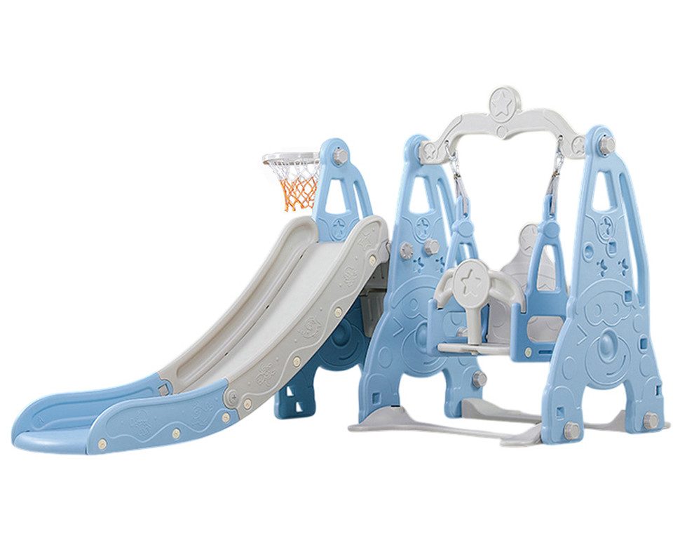 habeig Indoor-Rutsche 4-in-1 Kinder Spielturm Schaukel, Rutsche, Basketball 185x150cm Leiter, Sehr stabil, geschlossene Stufen, hoher Handlauf