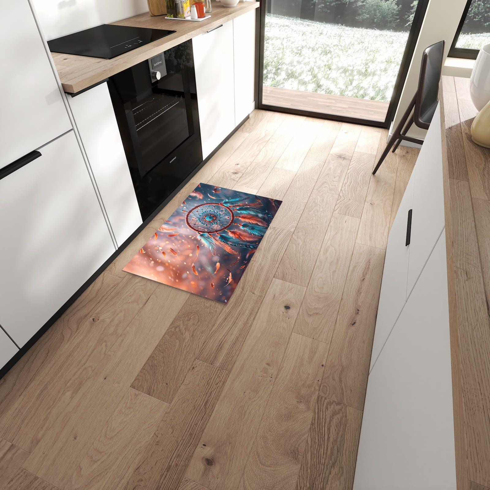 Primedeco Küchenläufer Küchenteppich Traumfänger mit Federn, Rechteckig, Höhe: 3 mm, rutschfest, waschbar & pflegeleicht