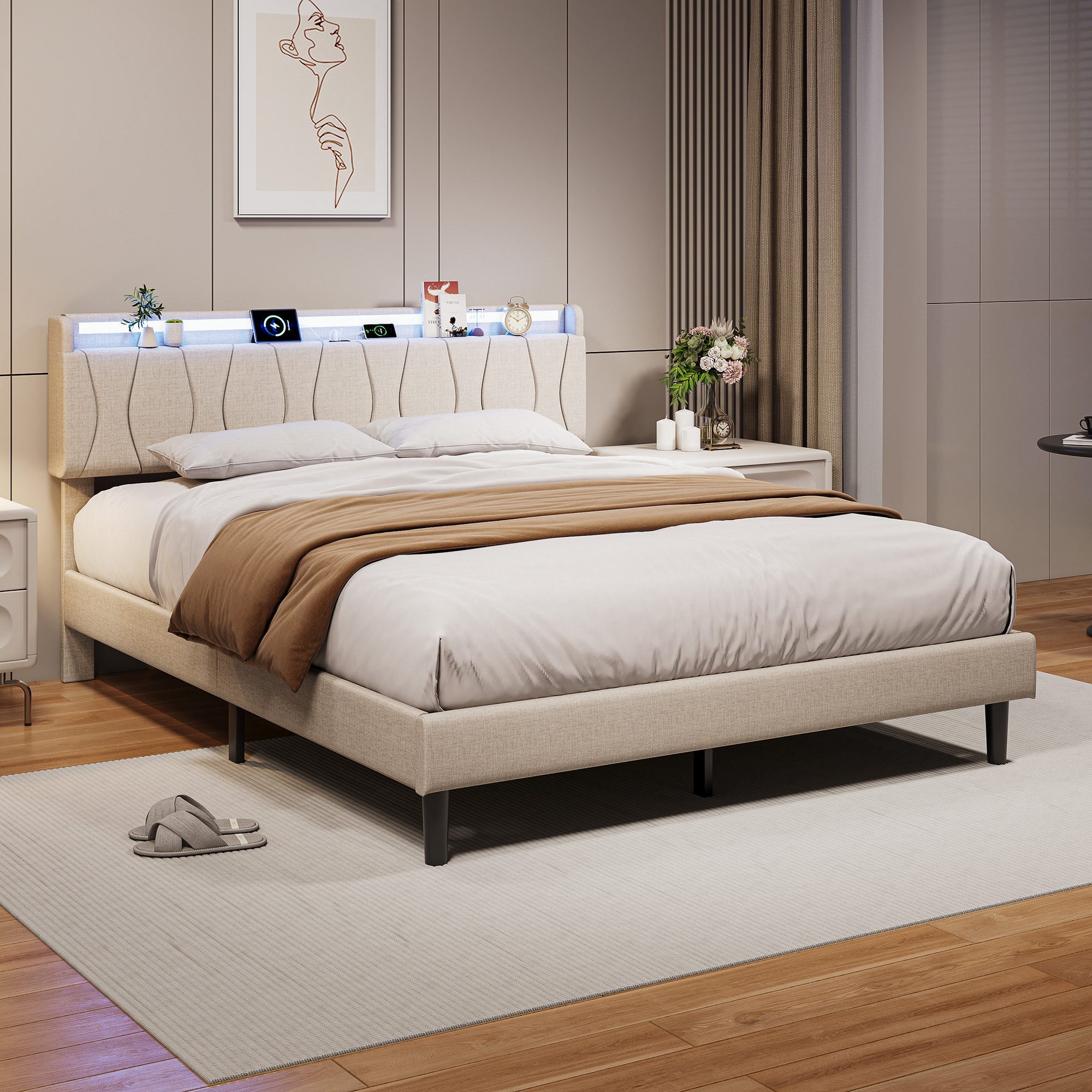 Gdood Polsterbett Doppelbett Stauraumbett mit LED (Leinen material mit RGB Streifen), Modernes Jugendbett, Leises Design Bett, Mit Ladefunktion