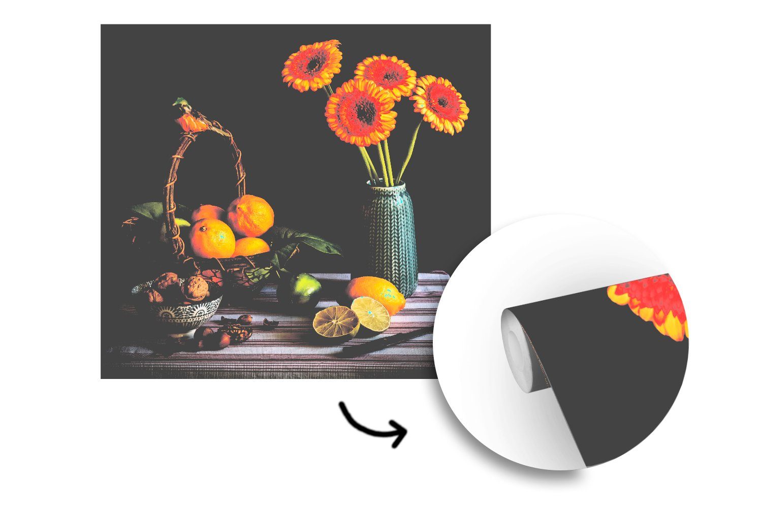 MuchoWow Fototapete bedruckt, oder (5 - Tapete für Wandtapete Schlafzimmer, - St), Zitrone, Wohnzimmer Matt, Sonnenblume Vinyl Blumen