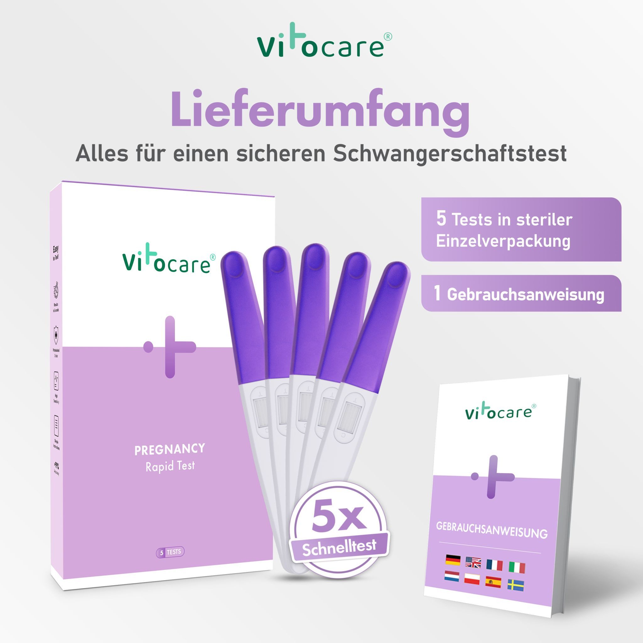 Vitocare Schwangerschaftstest Schwangerschaftstest Frühtest hCG, 5er f. Zuhause, 5-tlg., Ergebnis in nur 3 min.