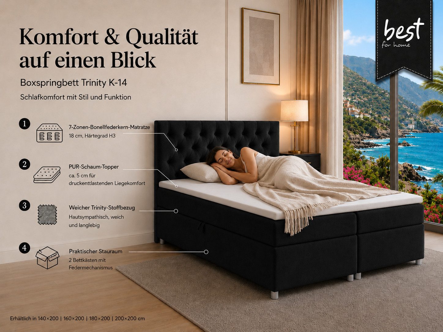 Best for Home Boxspringbett Boxspringbett Trinity K-14 mit 7-Zonen-Matratze und Stauraum (Boxspringbett-Set, 1-St., Boxspringbett-Set inklusive Matratze, Topper und Bettkästen), 7-Zonen-Matratze, PUR-Schaum-Topper, gepolstertes Kopfteil