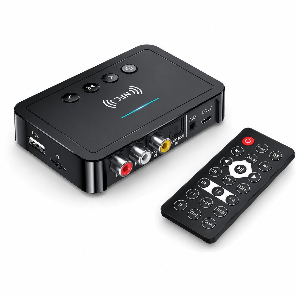 Tekoo Bluetooth 5.4 Audio Adapter Sender & Empfänger, Optisch, NFC, LED Bluetooth-Adapter 3,5 mm Klinkenstecker, Cinch-Stecker, Micro-USB zu 3,5 mm Klinkenbuchse, Cinch-Buchse, Toslink-Buchse (Optisch), Koaxial-Buchse, USB-Port Typ A, 3-in-1 Funktion: TX