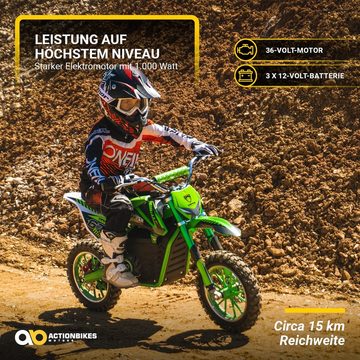 Actionbikes Motors Elektro-Kindermotorrad Kinder Crossbike Viper 1000 W Elektro - 3 Stufen - bis 25 km/h, Belastbarkeit 60 kg, (1-tlg), Elektro Dirt-Bike Minicross in Grün Pocketbike ab 5 J. - Federgabel