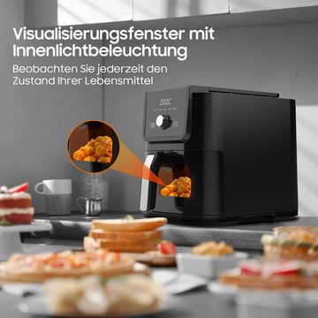 iceagle Heißluftfritteuse 5.5L Airfryer XXL mit Beleuchtetem Sichtfenster, 5 Kochmodi, 1500,00 W, digitales Display, Ohne Öl Heißluftofen, 50 - 200 °C, Schwarz