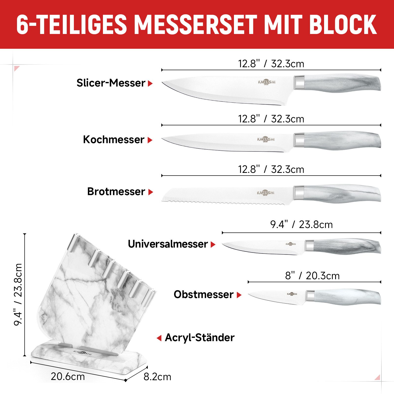 KAZUSHI Messer-Set 9/ 8/7/6teilig Messerblock Messerset Küchenmesser Set Profi Kochmesser (6-tlg), Edelstahl hochwertiges SelbstschärfenMesser Küchenmesser Set