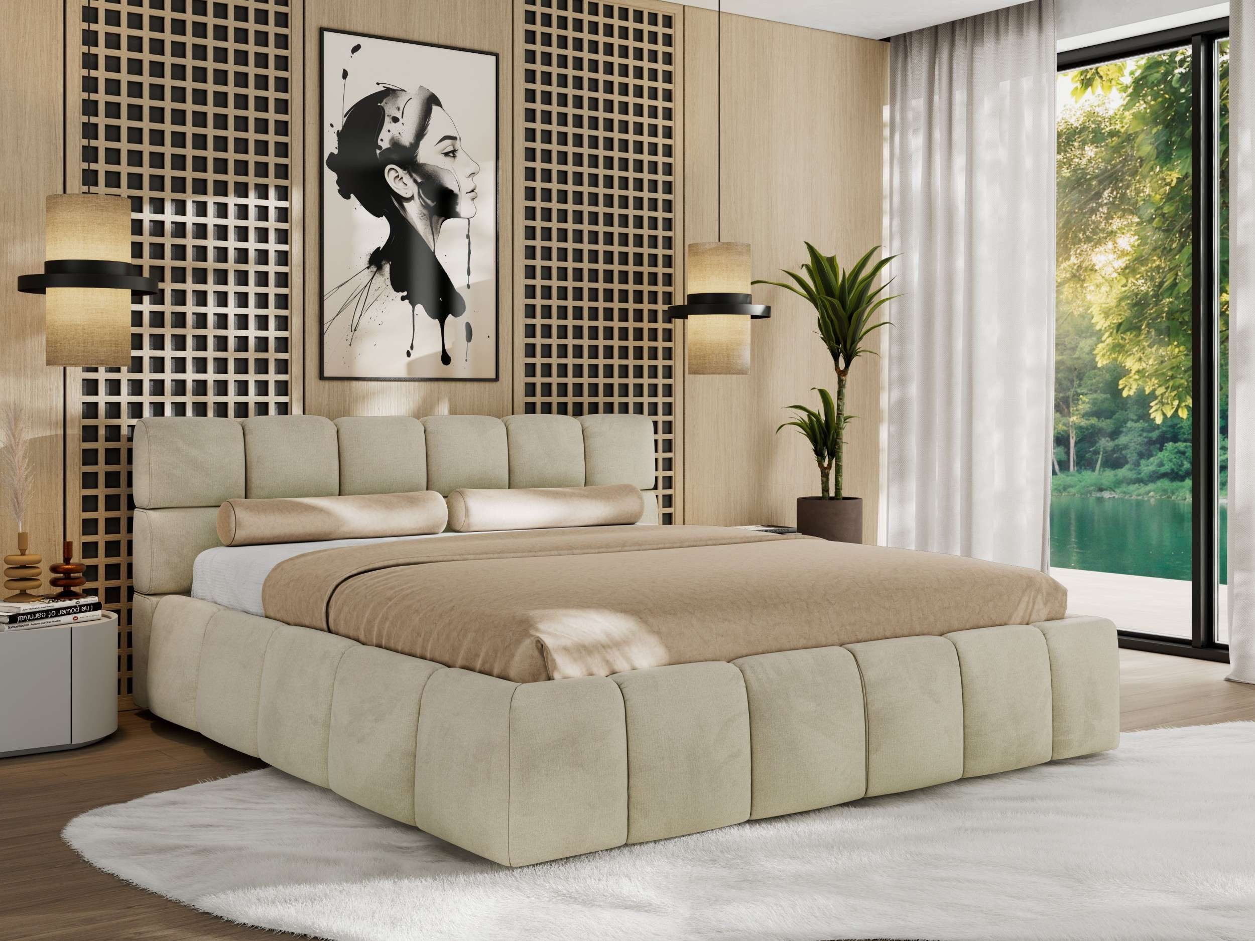 MKS MÖBEL Polsterbett NIRA Classic (Designerbett mit Bettkasten, skulpturale Polster), Lattenrost integriert, 140–200x200 cm