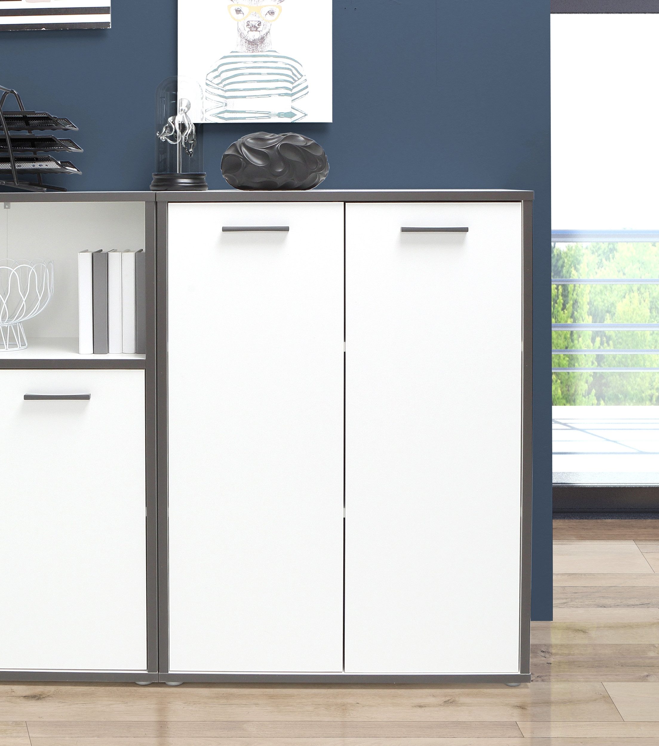 Newroom Midischrank Weiß 115 cm Schrank Weiß Modern Bücherregal Standregal Büro