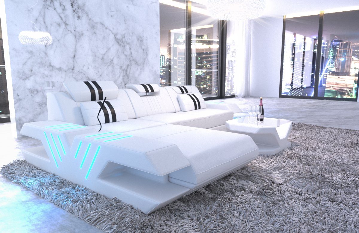 Sofa Dreams Ecksofa Venedig L Form Leder Couch USB, 4-Sitzer, Kunstleder Premium, Weiß-Schwarz, Ottomane links, Bett, LED