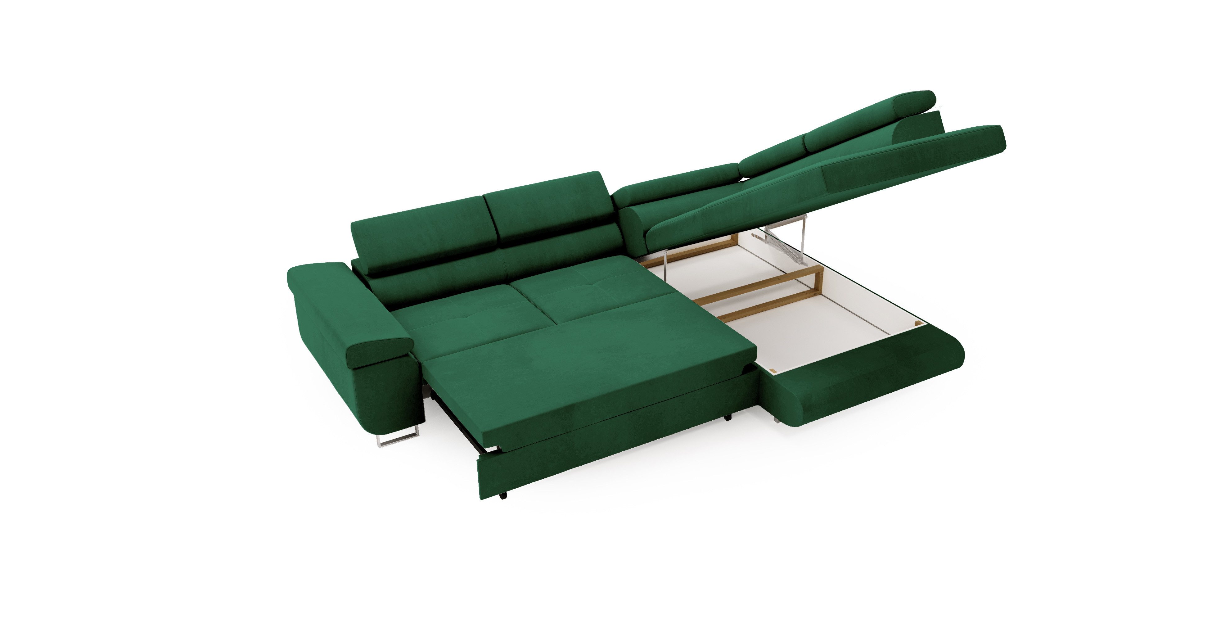 Goldstoff Ecksofa mit Schlaffunktion - Designersofa, Sofa mit Bettfunktion & Bettkasten, Schlafsofa RIVIA, multifunktionale Couch mit verstellbaren Kopfstützen in dunkelgrün