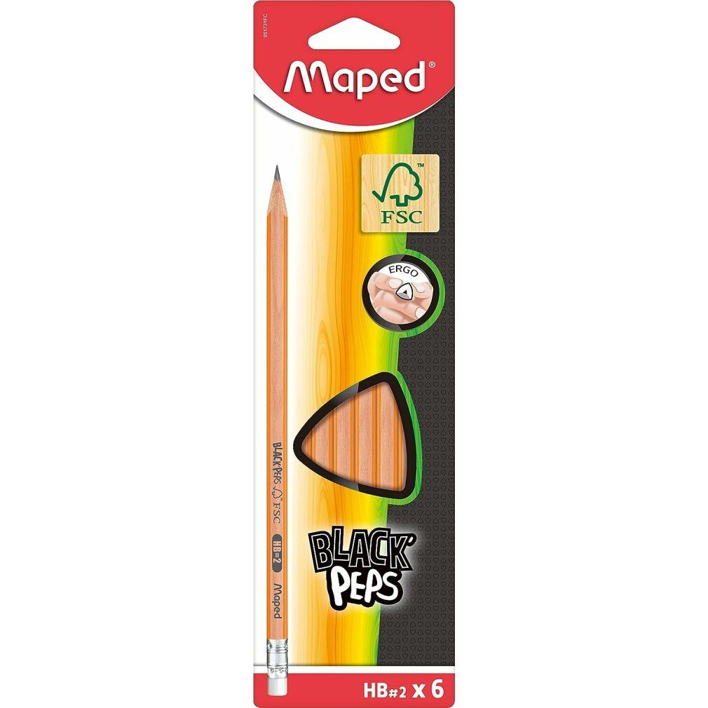 MAPED Bleistift BLACK'PEPS Bleistifte HB naturbelassen mit Radierer 6 St.