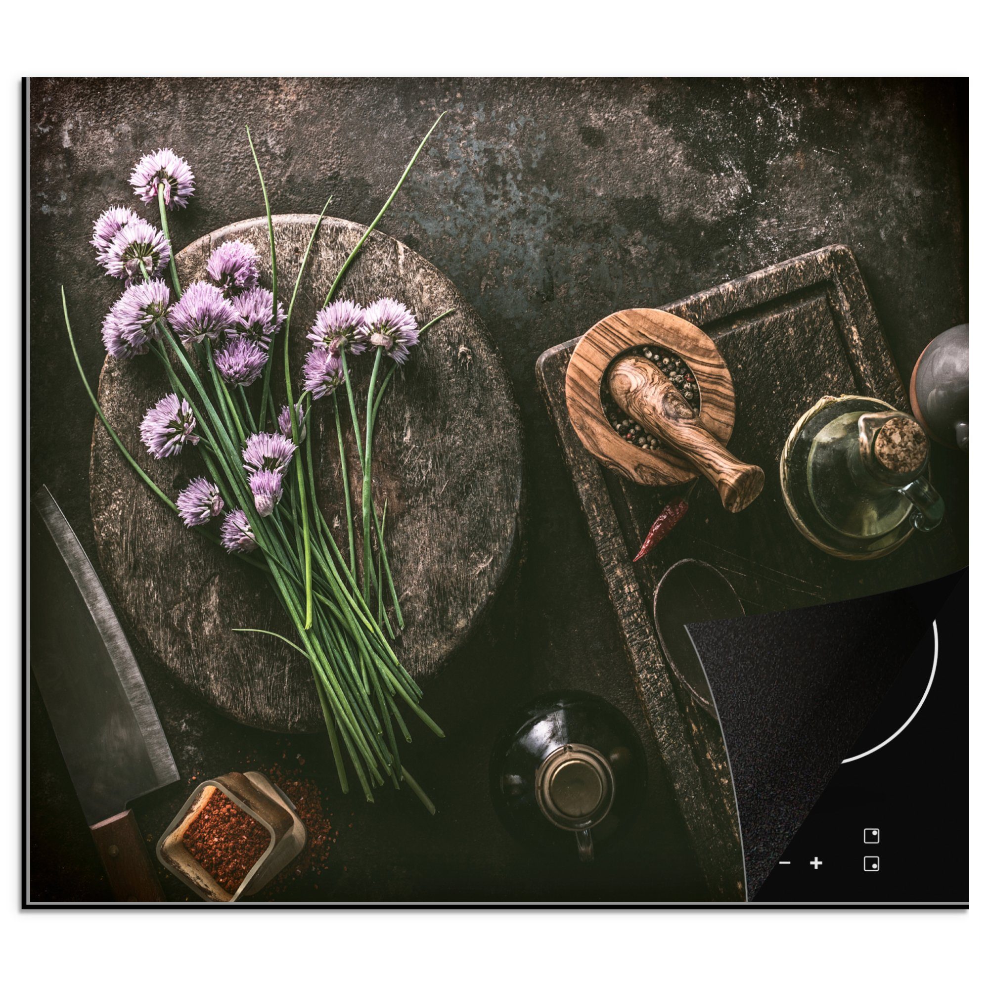 MuchoWow Herd-Abdeckplatte Schnittlauch - Küche - Mörser - Rustikal - Kräuter - Lila, Vinyl, (1 tlg), Küche Herdabdeckplatte Ceranfeld Vinyl Einteilig, 59x52 cm