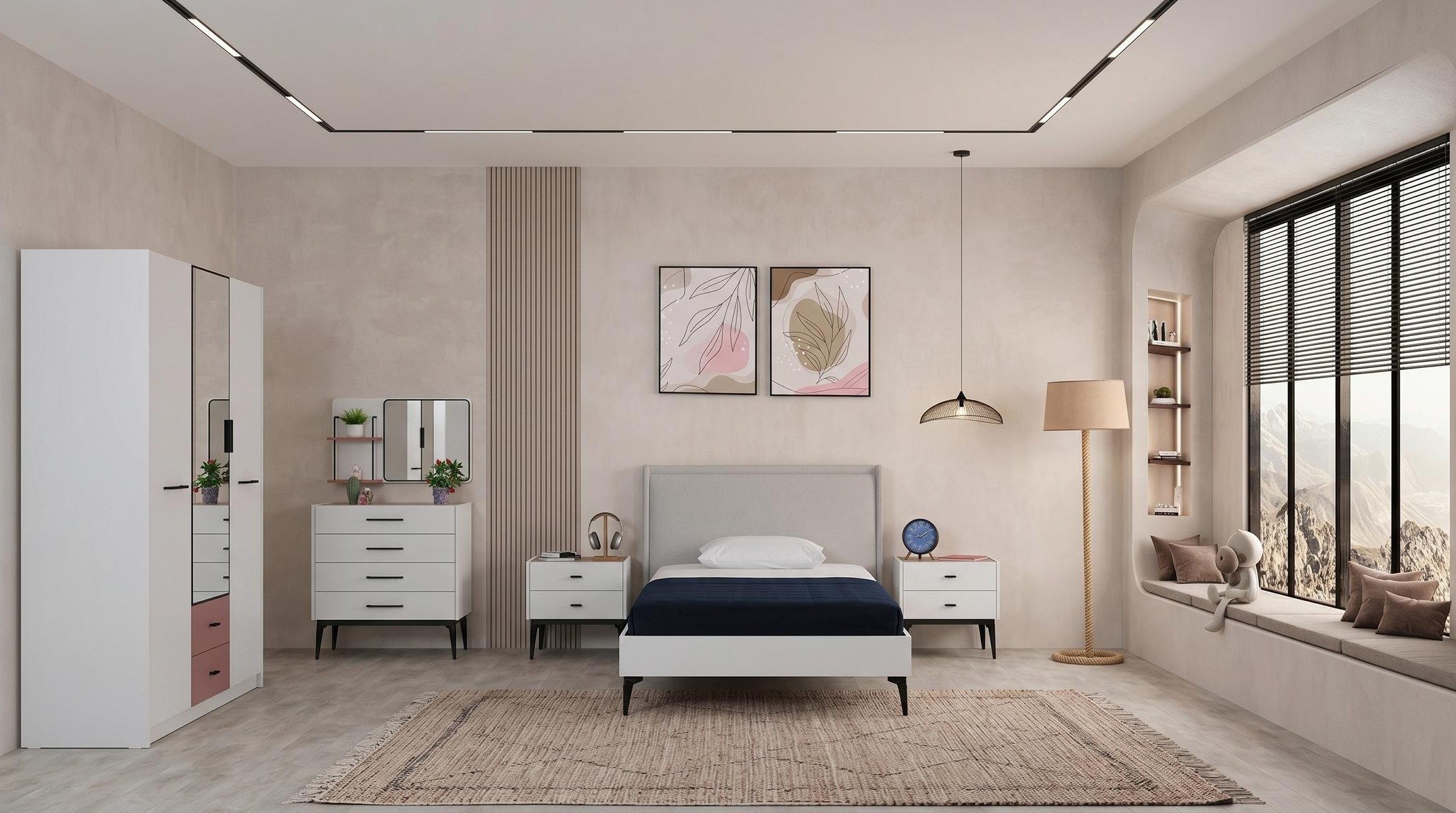 Xlmoebel Kleiderschrank Weißes Jugendzimmer Bett Kleiderschrank Kommode Nachttische modern (Jugendzimmer-Set, 5-St., 5-tlg)