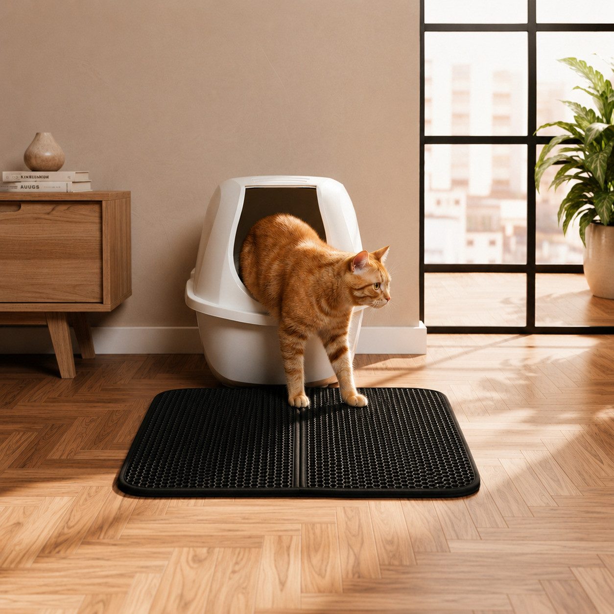 belviona Bodenschutzmatte für Katzentoiletten, Katzenstreumatte 61x38 cm, schwarz, rutschfest, 1-St., EVA-Matte im Bienenwabenmuster, wasserdicht & pflegeleicht