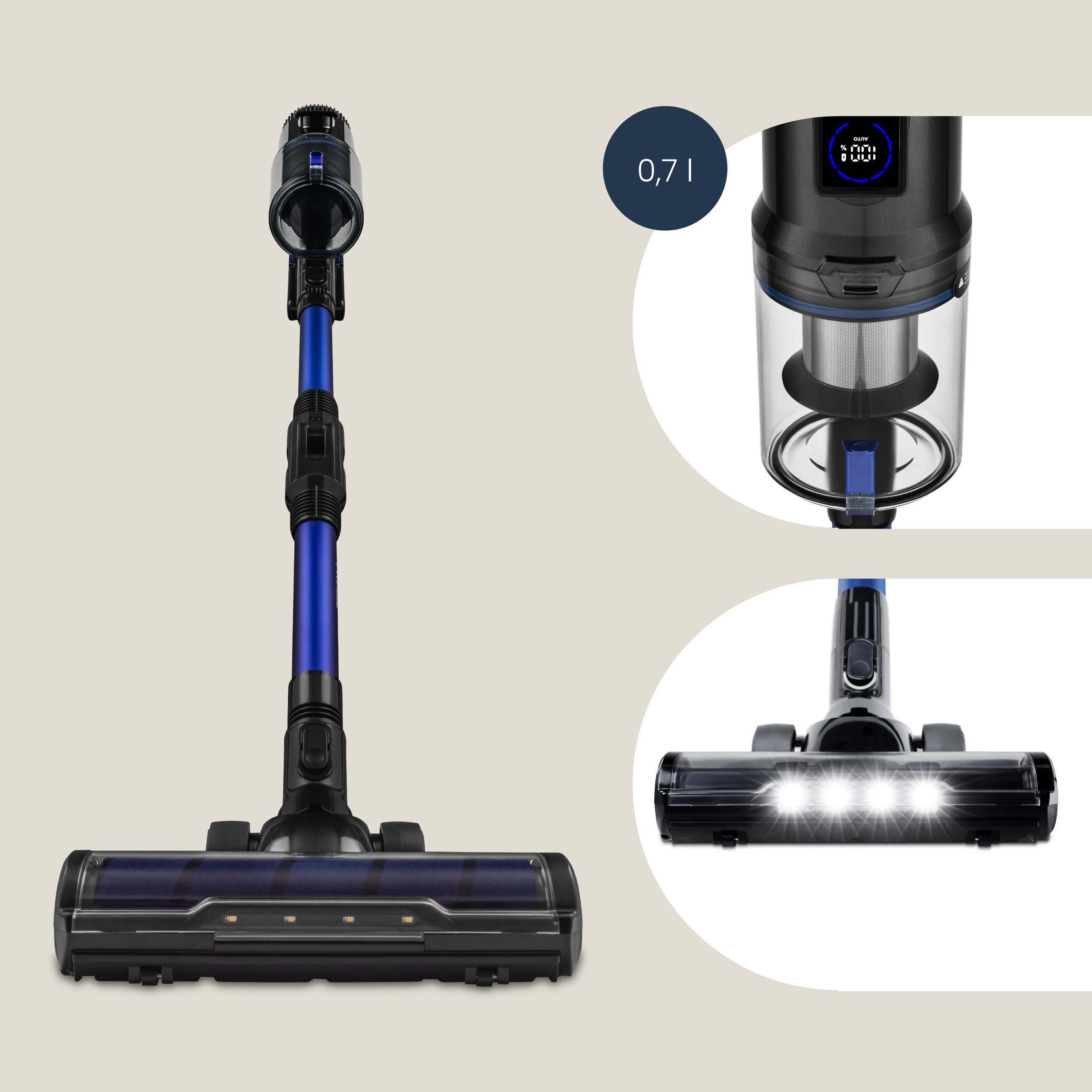 Zeegma Akku-Handstaubsauger KLAAR, 400,00 W, beutellos 0.7 L - Einfache Entleerung des Staubbehälters, 25 000 PA - TURBOBRUSH - 60 Minuten - 0,7 L - Touchpanel - FLEX TUBE