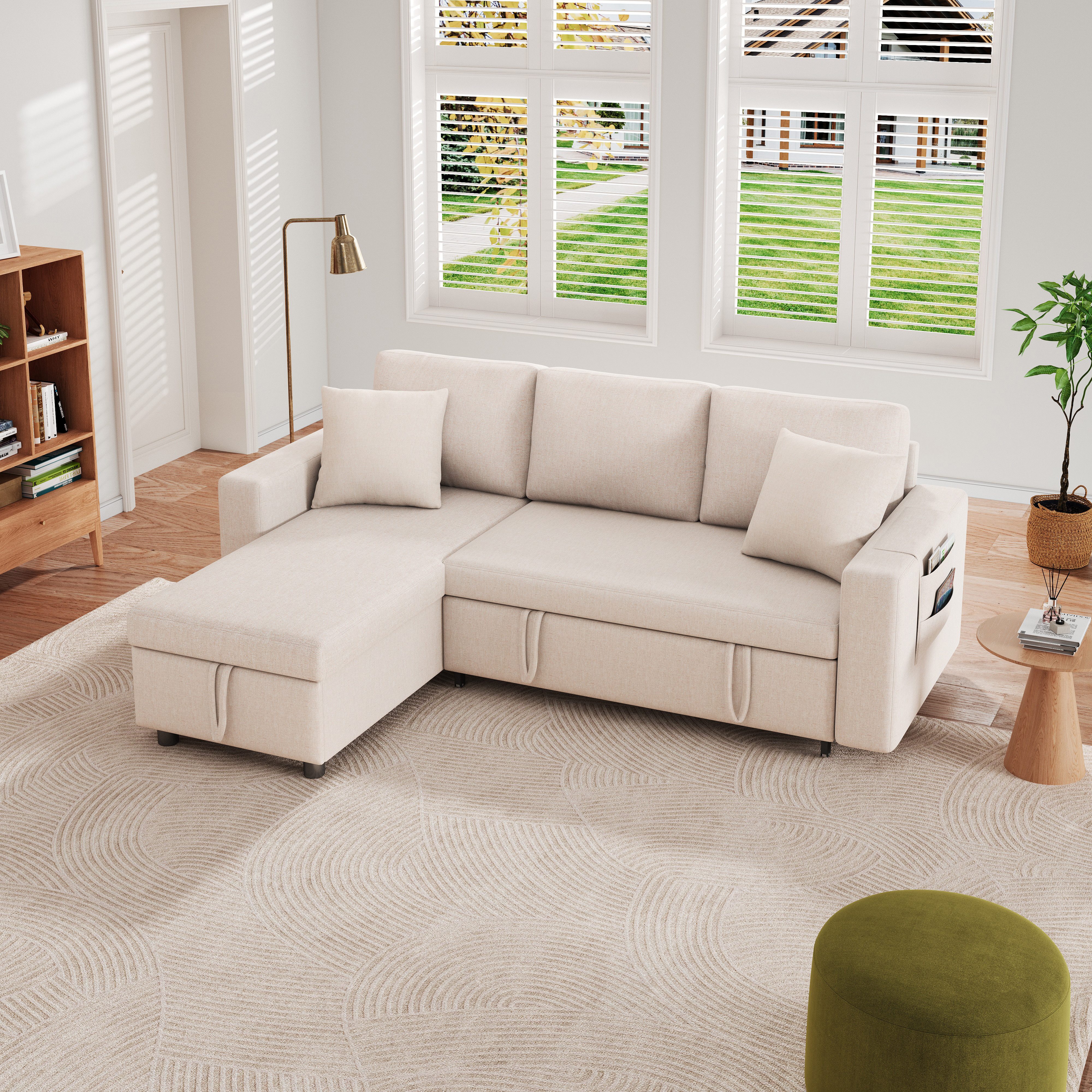 OKWISH Schlafsofa L-förmiges Sofa mit Stauraum, Set, mit Taschenaufbewahrung, links und rechts austauschbare Chaiselongue