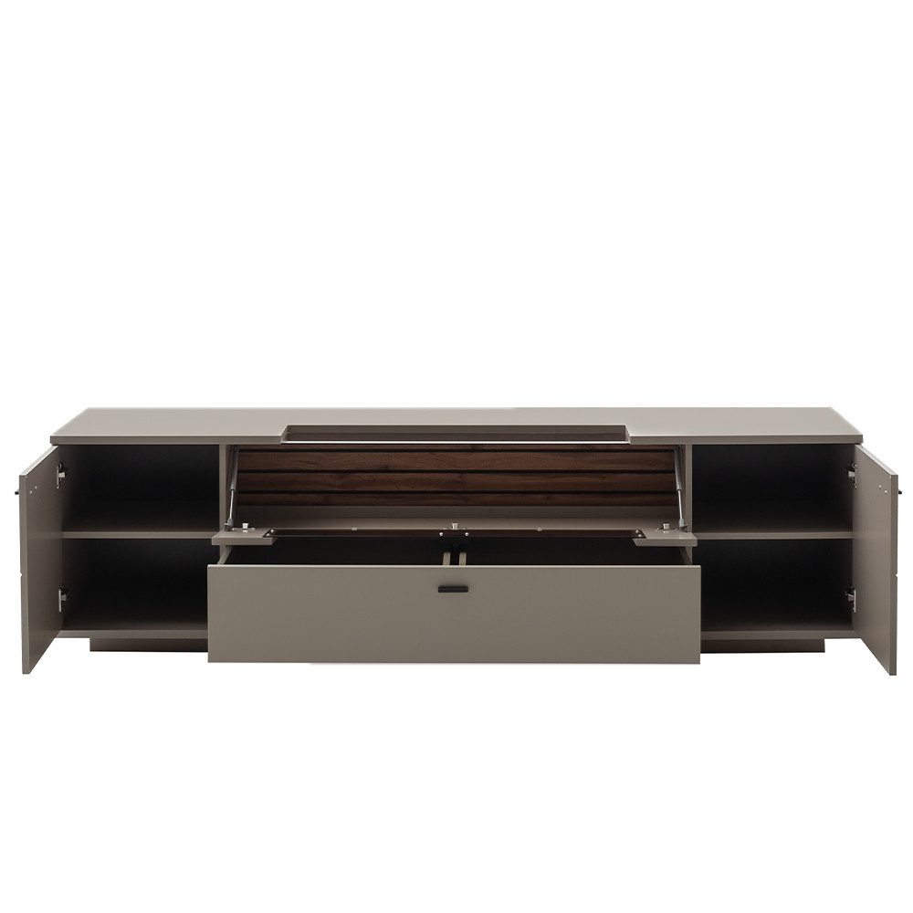 Lomadox Lowboard LIEZEN-05, Grau mit Rückwand in Eiche, Breite 210 cm, Glaselement, montiert