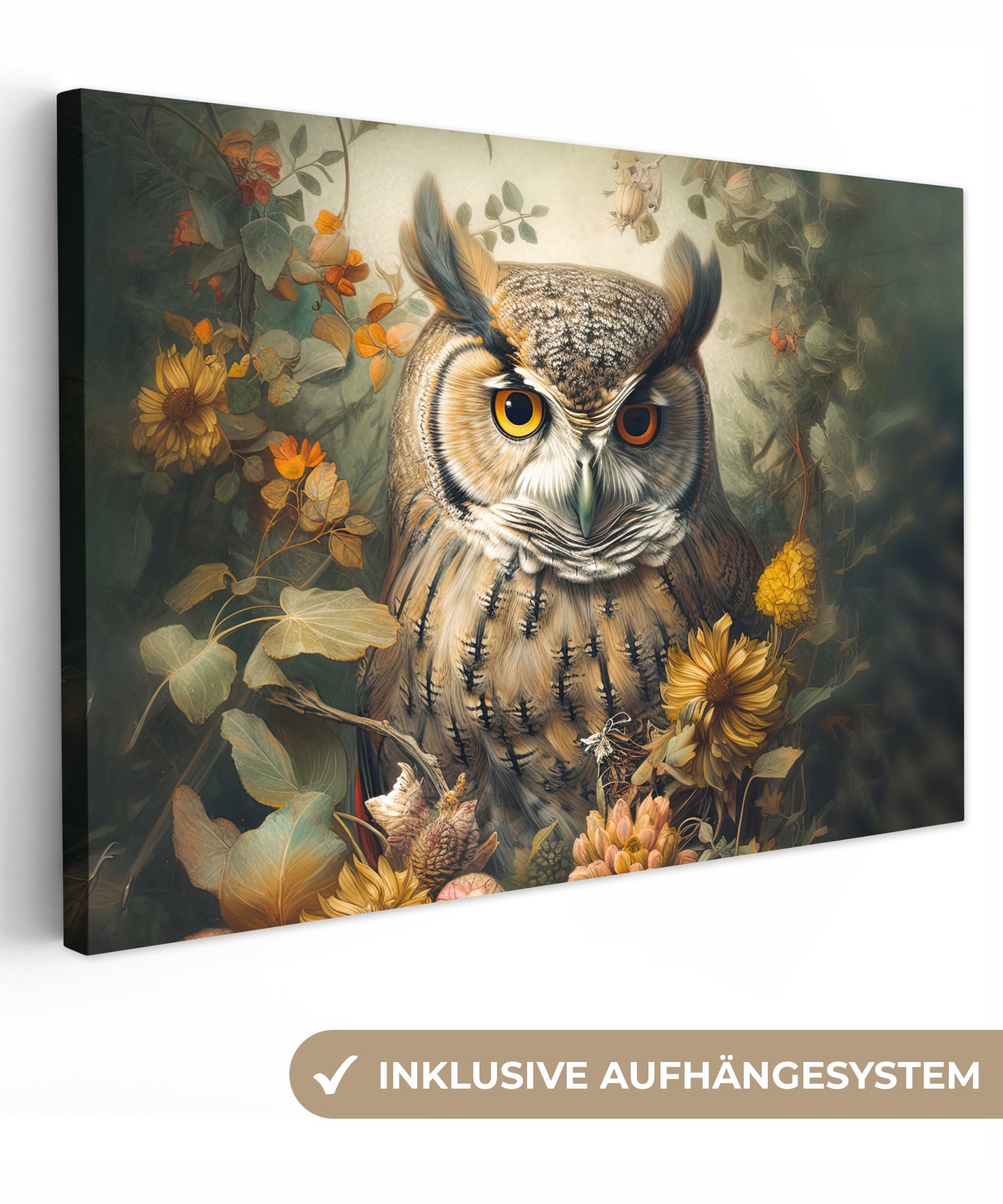 OneMillionCanvasses® Leinwandbild Eule - Vögel - Blumen - Natur, Fotodruck (1 St), Wandbilder Wohnzimmer Schlafzimmer 90x60 cm