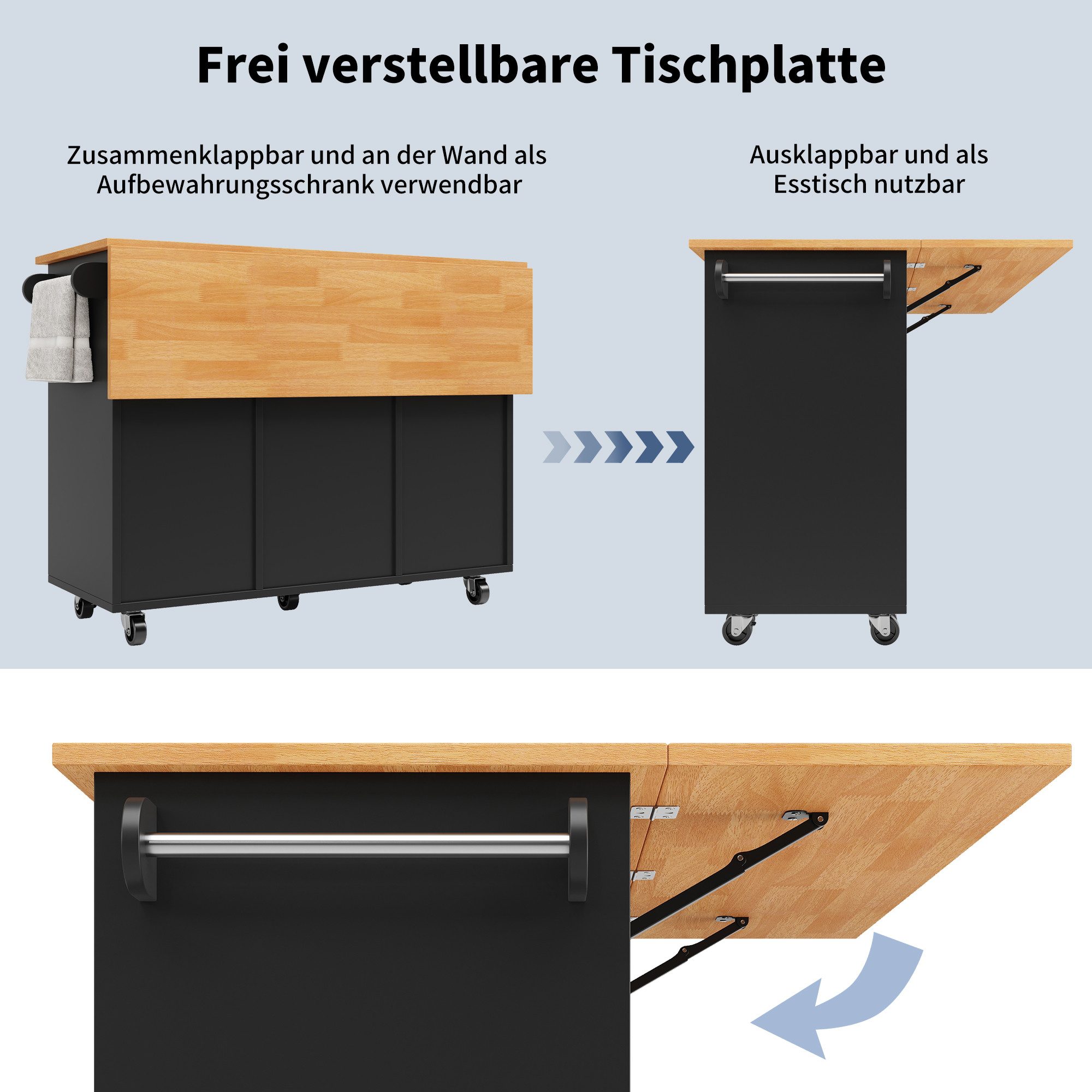 i@home Kücheninsel Moderne Kücheninsel mit Ausziehbarer Tischplatte, (mobile Küchenwagen mit 8 Schubladen, Rollen und Gewürzregal), 122x46x91.5 cm, ideal für Küche & Esszimmer