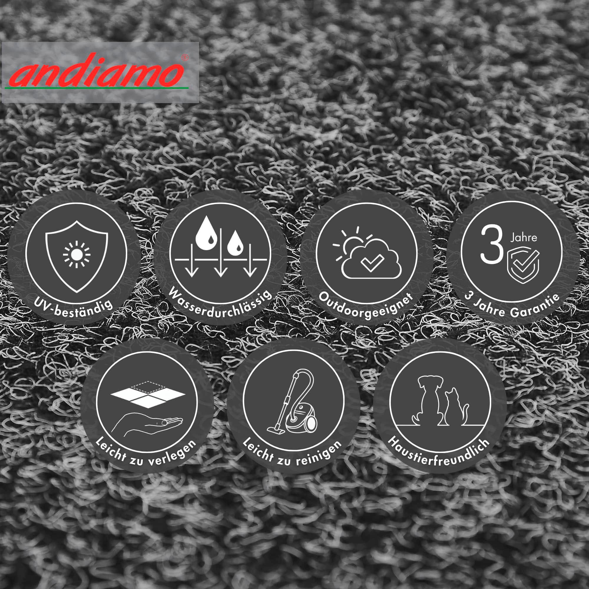 Andiamo Kunstrasen Aberdeen, Gesamthöhe 10 mm, Made in Belgium, rechteckig, mit Drainagenoppen, für Balkon, Terrasse, Wintergarten, Nadelfilzoptik