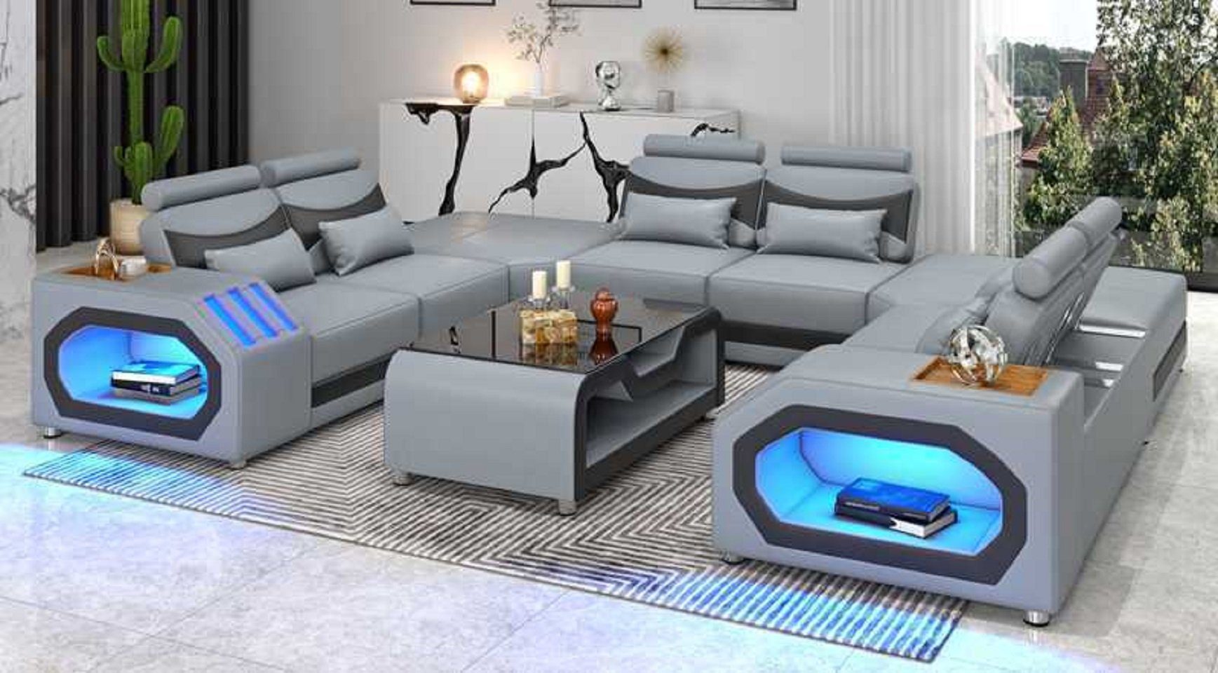 JVmoebel Ecksofa Design Großes Sofa XXL U Form Modern Ecksofa LED, 5 Teile, Made in Europe Grau