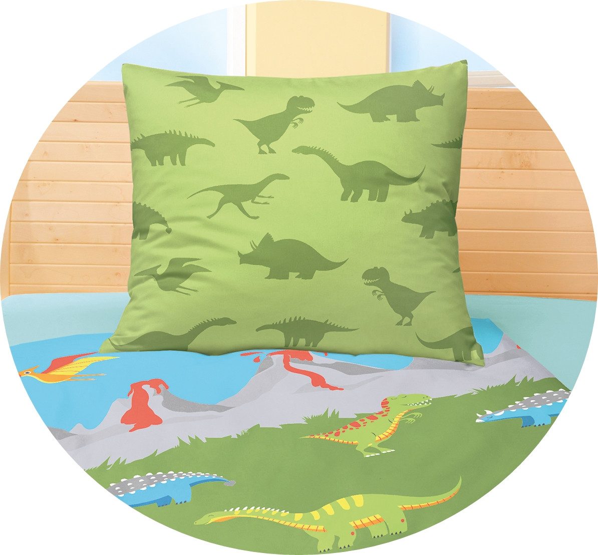 JACK Kinderbettwäsche JACK by Bierbaum Kinder Biber Bettwäsche 2 tlg. 135x200cm Dinosaurier, Biber, 2 teilig, farbenfrohe Dinos, Vulkane, warme Kinderbettwäsche – Bild 2 von 5