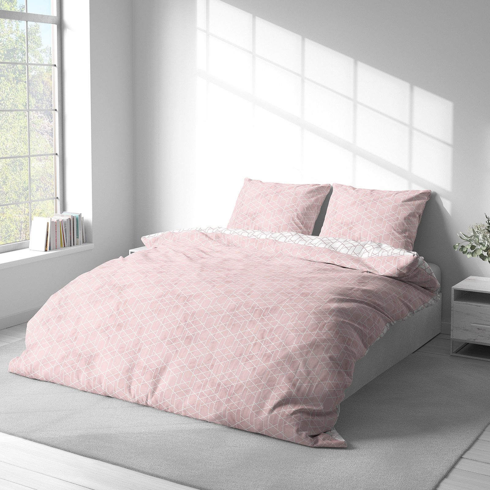 Visaggio Bettwäsche 100% Baumwolle Bettbezug Set in 6 Größen fein gewebt, Renforcé, 3 teilig, modernes Rauten Design in Rosa Weiß