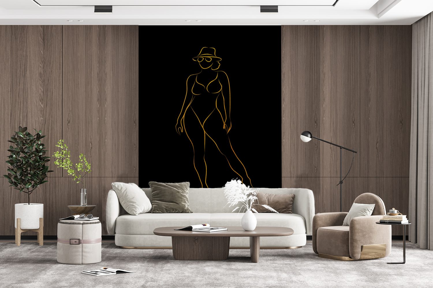 Wohnzimmer, Tapete Matt, für Fototapete - (3 Linienkunst, Wandtapete Schwarz Montagefertig Vinyl bedruckt, - St), Sonnenbrille - MuchoWow Gold