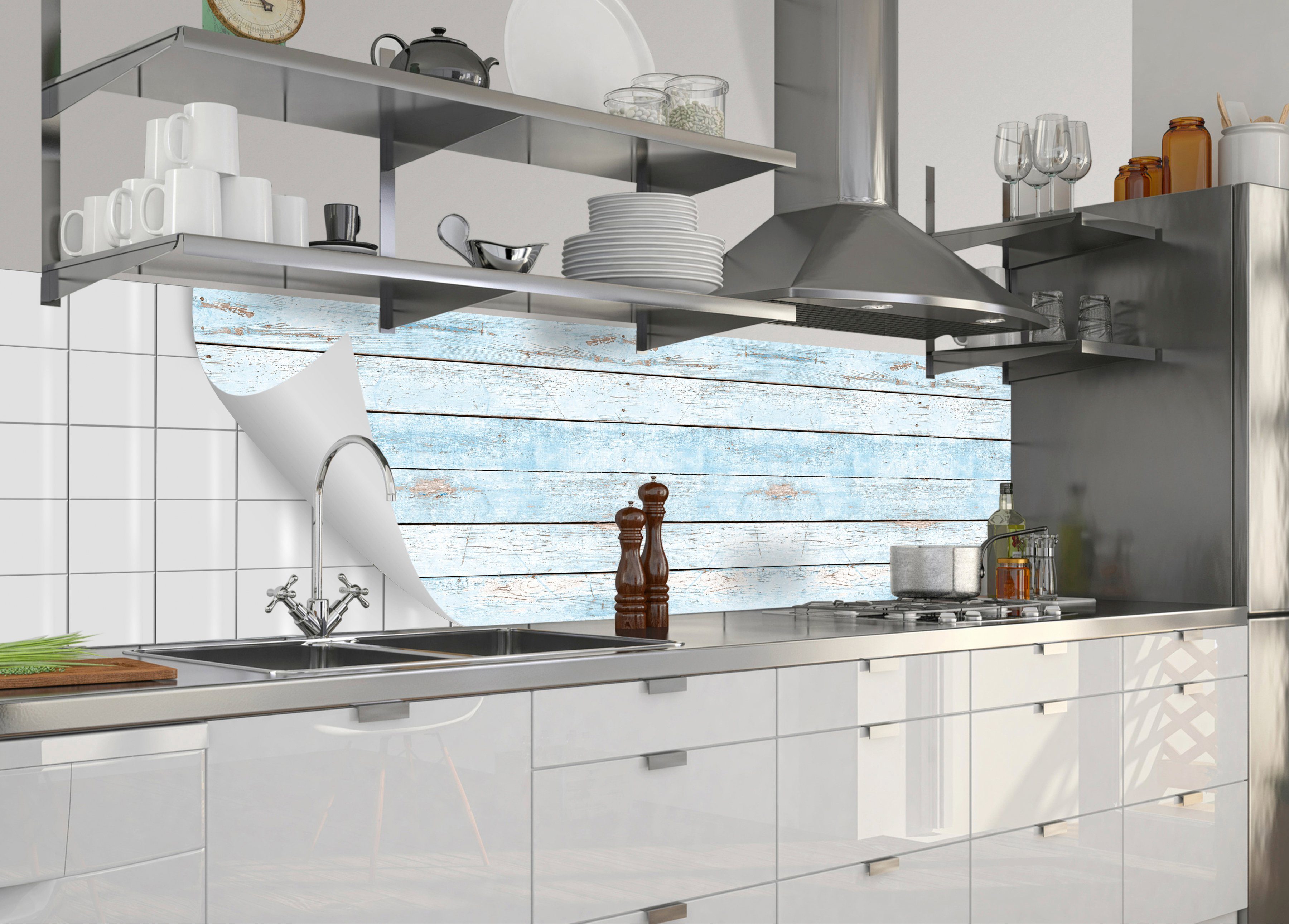 flexible MySpotti und Wood light Küchenrückwand blue, fixy selbstklebende Küchenrückwand-Folie